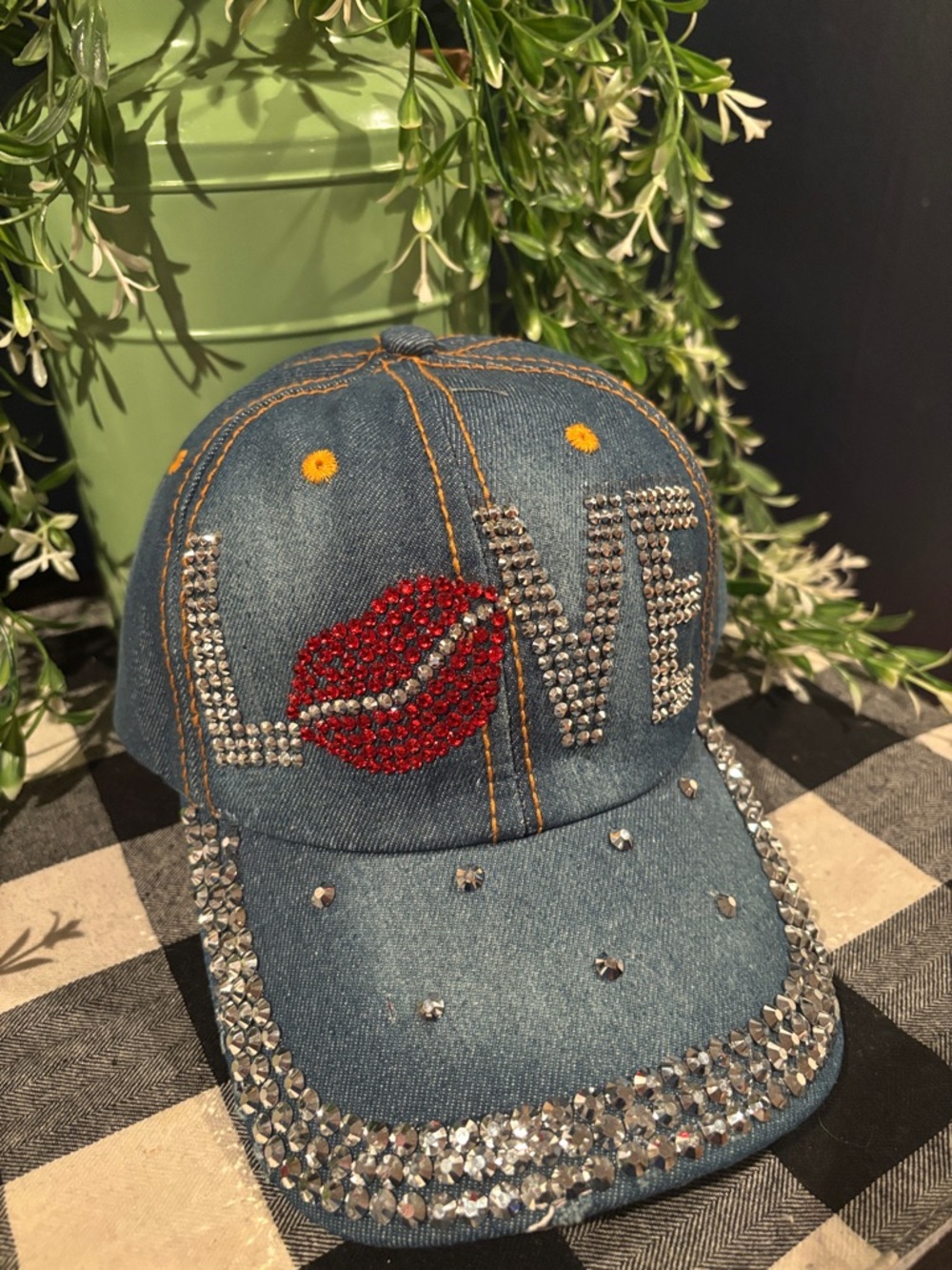 Rhinestone Denim 'LOVE' Cap with Red Lip Detail - Picture 2 of 8